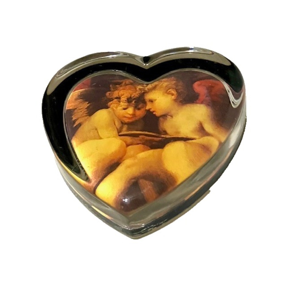 Vintage Glass Paperweight Heart Shaped Two Cherub Angels